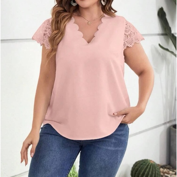 Plus Size Sheer Lace Sleeve Scallop Trim Top Blouse Shirt Green - Picture 15 of 16